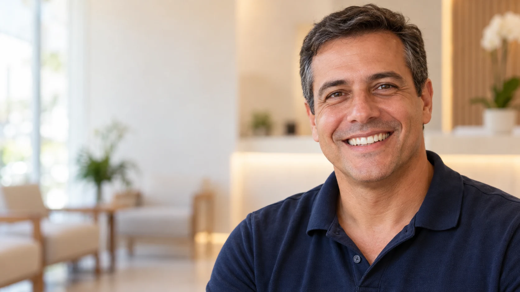 Homem sorrindo em um ambiente acolhedor. Imagem ilustrativa.